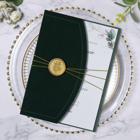 PRICES MAY VARY. 1. Package Included: 20 emerald green velvet wrap invitation pockets, 20 blank white printable cards, 20 gold wax seals, 20 white envelopes, 20 gold ribbons. 2. Material of Wrap Pocket: Made from emerald green velvet with thick paper for a classic elegant-look that will impress your guests. 3. Size of Invitation Pocket: Our laser cut wedding invitation pocket is 5.1x7.2", providing ample space for 5x7 invitation cards, RSVP cards, and 4x6 Details cards. 4. Easy to Print: Use a l Enchanted Wedding Invitations, Gold And Green Wedding Invitations, Wedding Invitations Dark Green, Green And Gold Invitations, Wooded Wedding, Velvet Invitation, Gold Quinceanera, Invitation Pocket, Quince Invitations