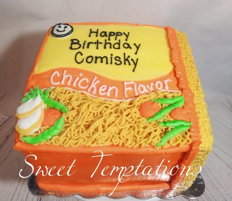 Ramen Noodle Cake Ramen Cake Design, Ramen Birthday Cake, Ramen Noodle Cake, Ramen Cake, Roman Noodles, Happy Birthday Chicken, Noodle Cake, Maruchan Ramen, Surprise Birthday Decorations