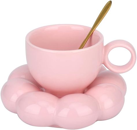 Cloud Coffee Cup and Saucer Set, Cute Mug with Flower Spoon and Sunflower Coaster,Kawaii Tea mug with dish, Latte Cups 6.7oz/200ml for Office and Home for women. Cloud Coffee, Flower Spoon, Coffee Saucer, Coffee Cup And Saucer, Flower Cup, Cute Mug, Coffee Cups And Saucers, Cute Mugs, Cupping Set