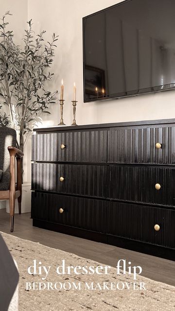 Diy Black And Wood Dresser, Black Dresser Flip, Ikea Black Dresser, Dresser Aesthetic, Ikea Dresser Makeover, Dresser Flips, Ikea Dresser Hack, Black Dresser, Ikea Dresser