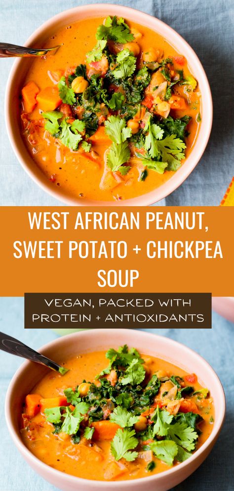 This hearty, satisfying vegan soup is packed with antioxidant-rich vegetables, chickpeas, peanut butter, and spices. Spicy Peanut Soup With Sweet Potato And Kale, Peanut Chickpea, Chickpea And Sweet Potato, Peanut Butter Soup, Vegetarian Soups, Food Savory, Beans Recipes, Peanut Stew, Plant Based Soups