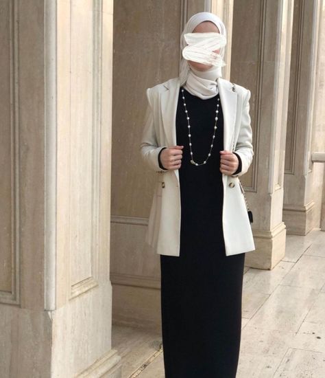 Blazer Abaya Outfit, Abaya With Blazer, Formal Abaya For Office, White Blazer Outfit Hijab, Office Outfits For Ladies, White Blazer Outfits, Modest Winter Outfits, Eid Fashion, Printed Dresses Fashion