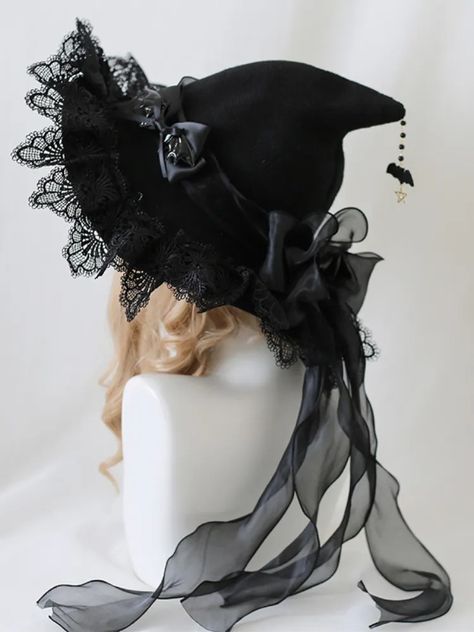 Demon Wings Bowknots Lace Trim Goth Witch Hat 4 Color Options Witch Accessories Costume, Black Witches Hat, Cottage Witch Hat, Custom Witch Hat, Decorate Witches Hat, Witch’s Hat, Whitch Hats, Sew Witch Hat, Witches Hats Decorations