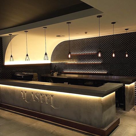 Gallery – Portland + Steel Italian Steakhouse, Bars Ideas, Cafe Bar Design, Concrete Bar, Restaurant Counter, Bar Counter Design, Brew Bar, Container Bar, Modern Home Bar