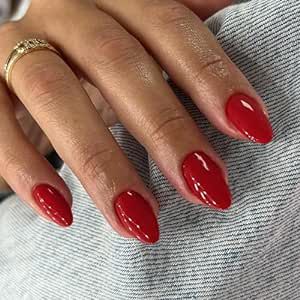 Thick Acrylic Nails, Wide Nail Beds, Nails One Color, Round Fake Nails, Almond Nails Red, Rounded Acrylic Nails, Nails Press Ons, Red Gel Nails, Wide Nails