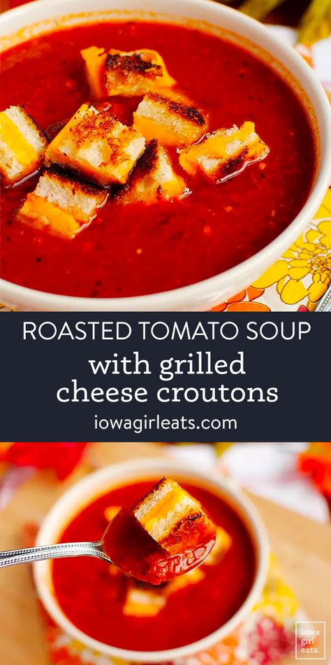 Roasted Tomato Soup with Grilled Cheese Croutons is a light yet cozy soup recipe with a fun and nostalgic twist. You will lick your bowl clean! iowagirleats.com keywords: soup recipes, soup recipes healthy, soup recipes easy Tomato Soup With Grilled Cheese Croutons, Grilled Cheese Croutons Recipes, Tomato Soup With Grilled Cheese, Soup With Grilled Cheese, Tomato Soup Grilled Cheese, Basil Soup Recipe, Soup Pairings, Tomato Basil Soup Recipe, Grilled Cheese Croutons