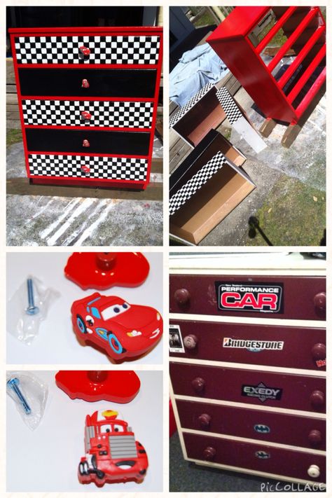 Cars themed, lightening McQueen, drawers, kids, DIY Lighting Mcqueen Room Ideas, Lightening Mcqueen Room, Lightening Mcqueen Bedroom, Lightning Mcqueen Bedroom, Disney Cars Bedroom, Boy Car Room, Cars Bedroom, Car Themed Rooms, Car Room Decor