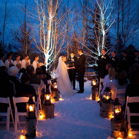 Outdoor Night Wedding, Winter Ceremony, Outdoor Winter Wedding, Winter Wedding Venues, Jackson Hole Wedding, Ceremony Candles, Snow Wedding, Winter Wedding Inspiration, Winter Wonderland Wedding