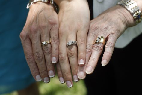 My mom, me, and my grandma. 3 generations of wedding rings. Generation Wedding Ring Photo, Keepsakes With Grandmas Wedding Dress, Bride And Groom Hands Ring Shots, Got Married, Engagement Photos, Rings For Men, Wedding Rings