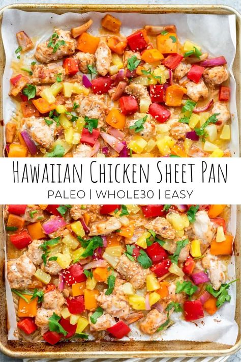 This Hawaiian Chicken Sheet Pan Meal is an easy and delicious recipe that comes together in no time. It's made with Whole food ingredients and is paleo friendly and Whole30 compliant. #sheetpanmeals #whole30 #whole30recipes #paleo #paleorecipes #hawaiianchicken Hawaiian Chicken Sheet Pan Recipes, Paleo Sheet Pan Meals, Chicken Sheet Pan, Sheet Pan Meals Chicken, Healthy Sauces, Wood Family, Hawaiian Chicken, Chicken Breast Seasoning, Primal Kitchen