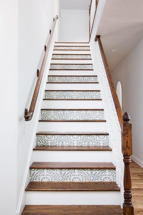 13 Exciting Ways To Use Wallpaper • One Brick At A Time Vinyl Stairs, Modern Lake House, Staircase Makeover, Casa Patio, Stair Decor, Stair Risers, House Stairs, House Goals, Staircase Design