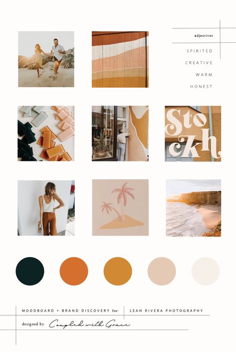 Honest, Coastal, Spirited, Warm, Creative, Adventurous, Beachy, moodboard designed for Leah Rivera Photography by Coupled With Grace. Think warm sand and sun. Warm Friendship. Orange. Yellow. Tan. Coral. Deep Teal. Teal. Brand Design. Brand Development. Brand Inspiration. Web Design. Brand Board. Moodboard For Branding, Mood Board Photography, Moodboard Orange, Brand Board Inspiration, Beige Moodboard, Moodboard Photography, Orange Moodboard, Orange Branding, Creative Moodboard