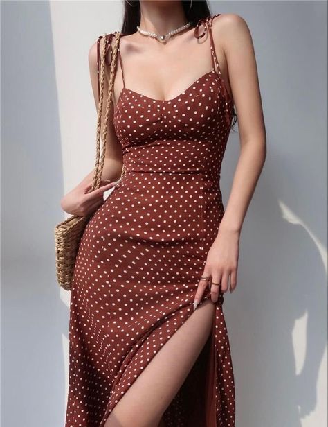 Korean Fashion Summer, Dot Print Dress, Korean Fashion Dress, Lingerie Sets, Suspender Dress, Korean Dress, Summer Style Casual, Brown Dress, Polka Dot Dress