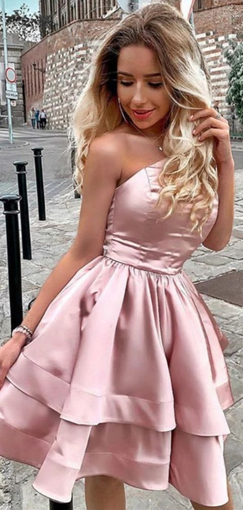 Simple Prom Gown, Strapless Homecoming Dresses, Layers Short, Homecoming Party, Pink Party Dresses, Pink Homecoming Dress, Short Homecoming Dress, Short Prom Dress, Natural Fabric