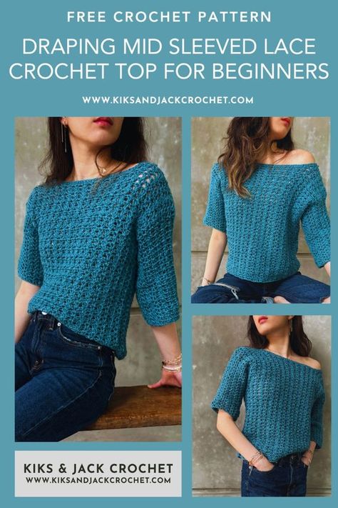 The Colins Easy 3/4 Mid Sleeve Crochet Top is a loose oversized sweater top, that can be worn from spring to summer to fall. It features a beautiful stitch that gives it an airy design and stunning drape. The cute 3/4 sleeves hit below the elbow and give it a casual modern look. The neckline is wide and flattering and can be customized so that it sits off the shoulder or on the shoulder.  This is a free and easy crochet pattern available as a size inclusive made to measure pattern. It is beginner friendly and is quick and easy to crochet.  Click on the photo to access your free crochet pattern. Crochet Top For Beginners, Crochet Off Shoulder Top, Crochet Top Free Pattern, Sleeve Crochet Top, Crochet Sweater Free, Crochet Tank Tops, Crochet Cardigan Pattern Free, Crochet Cardigan Sweater, Crochet Jumper