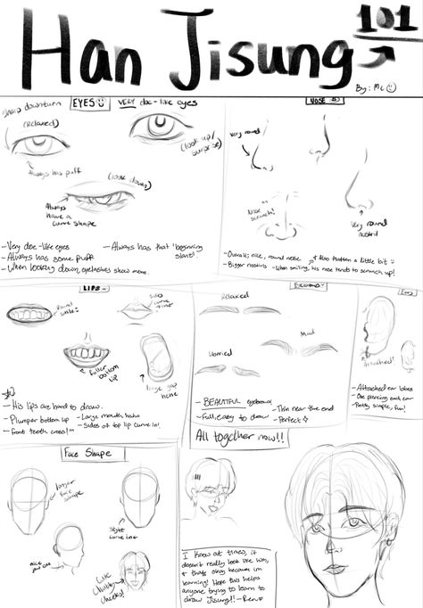 All drawn by me, and Im still learning so thats why at times, it might not look exactly like Han, but Im still learning and getting better. I hope this can help someone in drawing Jisung! Han Jisung Drawing Reference, Han Jisung Painting, How To Draw Han Jisung, Han Jisung Drawing Pencil, Han Jisung Lips, Han Drawings Skz, Han Drawings, Han Jisung Sketch, Han Jisung Drawing