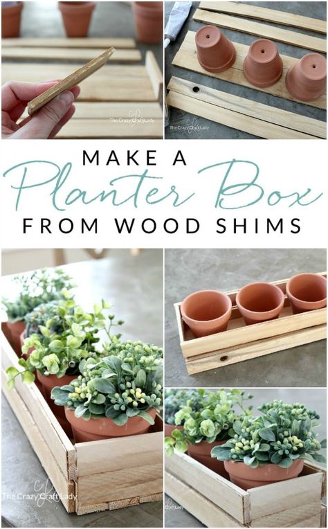 Learn how to make a simple DIY wood planter box using wood shims. This simple, small wooden box is perfect for spring plants or herbs.  #woodshim #planterbox #thecrazycraftlady Diy Wood Planter Box, Wood Flower Box, Wooden Flower Boxes, Diy Wood Planters, Small Wood Box, Diy Planter, Diy Planter Box, Wooden Planter Boxes, Small Wooden Boxes