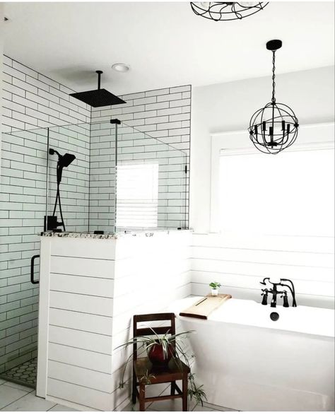 Shiplap Tub Surround, Glass Half Wall, White Subway Tile Shower, Half Wall Shower, Subway Tile Showers, Full Bathroom Remodel, Glass Shower Enclosures, Bathroom Redesign, Master Bath Remodel