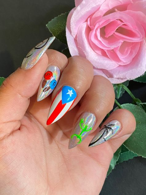 Puerto Rico Nails Design Art, Puerto Rican Nails Acrylics, Puerto Rico Vacation Nails, Puerto Rico Nails Designs, Puerto Rican Nails, Puerto Rico Nails, Pr Nails, Badass Nails, Theme Nails