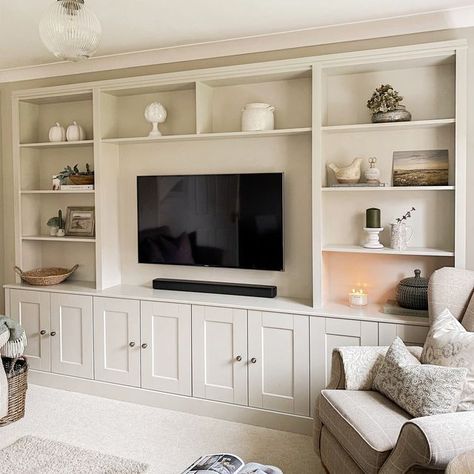 Living Room Designs With Wardrobe, Media Wall With Fireplace And Tv And Storage, Tv Media Unit Modern, Living Room Designs Storage, Small Tv Media Wall, Media Wall Shelf Styling, Ikea Havsta Media Wall, Built In Bookcases With Tv, Build In Living Room