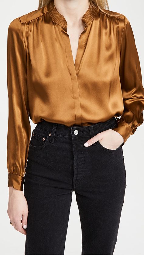 Brown Silk Blouse, Silk Blouse Outfit, Band Collar Blouse, Stylish Office Wear, Outfit Elegantes, Ig Girls, Fashion Design Patterns, Office Outfit, Formal Outfits