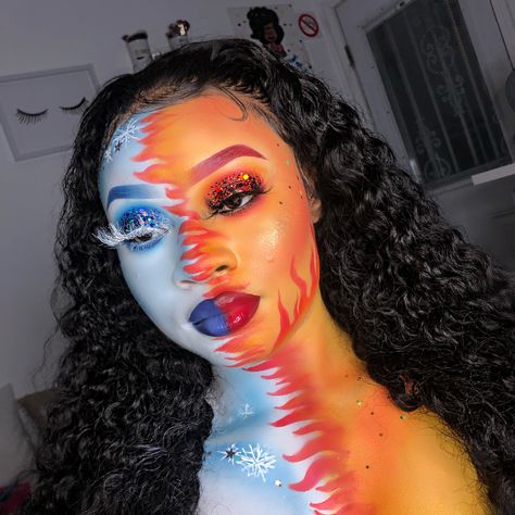 This trend was so fun! Check this look out on Tik Tok and Instagram for a tutorial @beatsbydeb ✨   #fashion #makeup #makeuptutorial #heatmiser #snowmiser #crazymakeup Makeup Drawings, Ice Makeup, Fire Makeup, Exotic Makeup, Artsy Makeup, Angel Makeup, Aesthetic Business, Face Charts, Effects Makeup