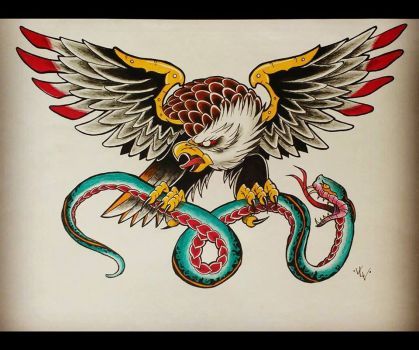 Oldschool inspiration - Eagle and Snake by vinivolpini Eagle Holding Snake Tattoo, Eagle Snake Tattoo Traditional, Eagle With Snake Tattoo, Traditional Eagle Tattoo Design, Eagle Snake Tattoo, Eagle And Snake Tattoo, American Traditional Eagle, Traditional Back Tattoo, Eagle And Snake