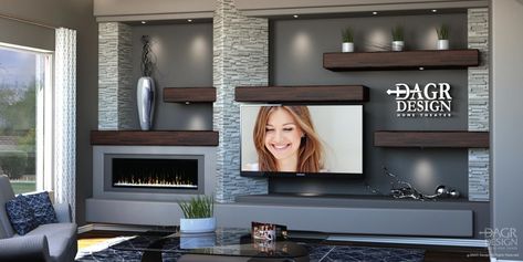 Media Wall Design, Horizontal Fireplace, Floating Wood Shelves, Entertainment Center Design, Fireplace Entertainment Center, Fireplace Tv Wall, Home Entertainment Centers, Fireplace Entertainment, Living Room Tv Unit Designs