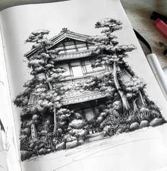 SandraInk User Profile | DeviantArt Japanese House Art, Japanese House Drawing, Head Abstract, Drawing Pics, Japanese Pen, Chinese Theme, Pen Art Drawings, Drawings Ideas, House Sketch