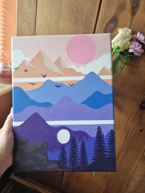 Simple Painting Ideas Mountains, Medium Size Canvas Paintings Easy, A4 Canvas Painting Ideas, Canvas Painting Ideas Boho, Acrylic Canvas Ideas, Long Painting Ideas, Aesthetic Art Ideas Painting, Easy Mountain Painting Acrylics, Canvas Name Painting Ideas