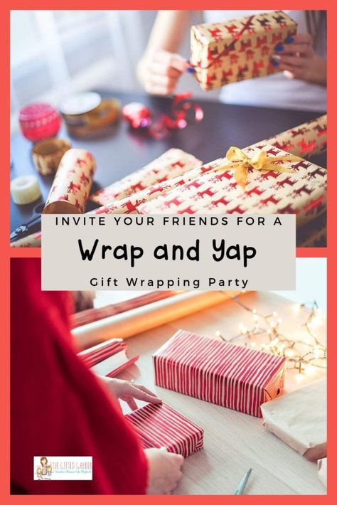 Check out these ideas for hosting a Christmas gift wrapping party with your friends and family! Take the bore out of this Christmas chore and have fun wrapping and yapping. Tips for food, drinks, decorations, wrapping supplies, invitations, and fun drinking games! With these ideas, you can be as creative, fancy, or casual as you want with this laid-back party.  You will want to host a holiday gift wrapping party every year! #christmas #gifts #presents #christmasparty Gift Wrapping Party Christmas, Christmas Wrapping Party Ideas, Gift Wrapping Party Ideas, Wrapping Party Ideas Christmas, Christmas Wrapping Party, Hoa Ideas, Rs Activities, Ideas With Friends, Resident Events