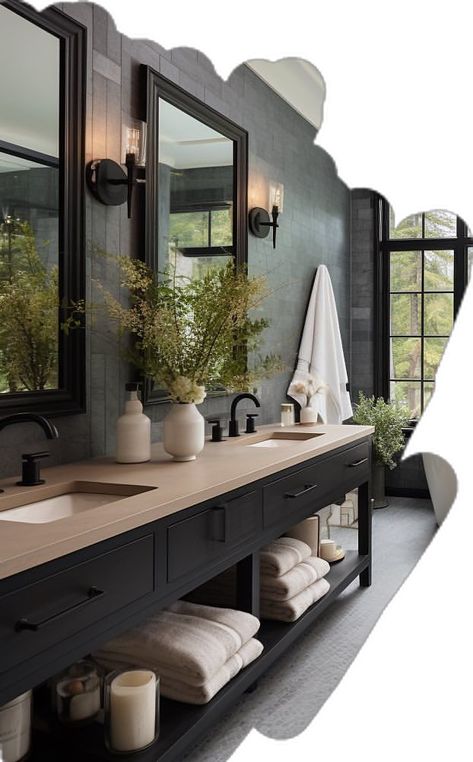 Master Bath Dark Tile, Guest Bathroom Ideas Dark, Black Accent Master Bath, Masculine Master Bathrooms, Men’s Dark Bathroom Ideas, Moody Master Bath Inspiration, Male Bathroom Ideas, Dark Bathroom Floors, Masculine Master Bath