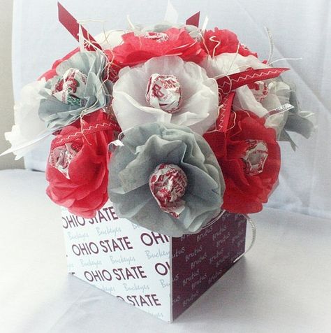 ohio+state+themed+wedding | ohio state themed wedding | Tissue Paper Flowers Lollipop Sucker Ohio ... Ohio State Wedding, Football Centerpiece, Ohio State Crafts, Football Centerpieces, Buckeye Crafts, Ohio State Baby, Banquet Centerpieces, Buckeye Baby, Football Wedding