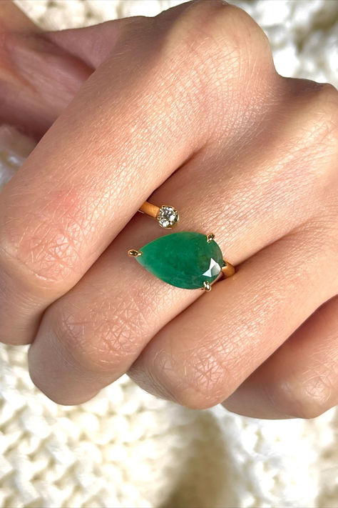 Natural Emerald Diamond Ring, 14k Gold, 2 Stone Ring, Emerald Diamond Ring, Pear Shape Emerald Ring Unique Emerald Ring, Pear Emerald Engagement Ring, Diamond Ring With Emerald Accents, Unique Emerald Engagement Rings, Jade Ring Engagement, Eclectic Engagement Rings, Emerald Ring Design, Jade Engagement Ring, Emerald And Diamond Engagement Ring