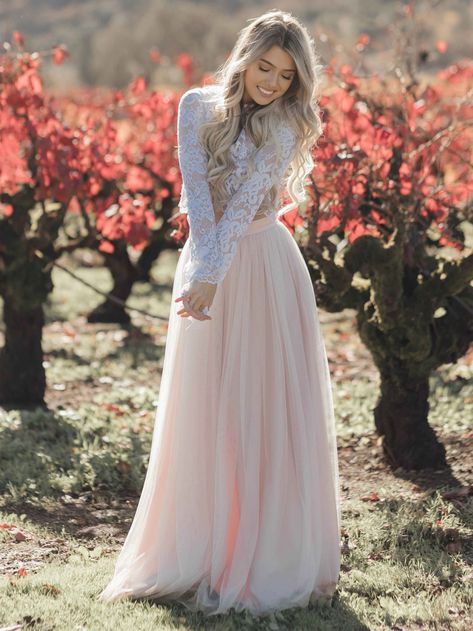 Two Piece Long Sleeve Lace Wedding Dresses Blush Pink Boho Beach Wedding Dress AWD1257 Wedding Dresses Blush Pink, Wedding Dresses Two Piece, Boho Beach Wedding Dress, Wedding Dress Two Piece, Beach Wedding Pink, Blush Pink Wedding Dress, Tule Rok, Wedding Dresses Beach, Gonna In Tulle