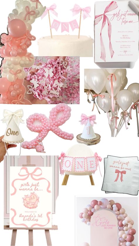 Itty Bitty Pretty One Birthday, Girls Just Wanna Turn One Birthday, Coquette 1st Birthday, Girls Just Wanna Be One Birthday Theme, Pink First Birthday Theme, Bow Themed First Birthday Party, Valentines Theme Birthday Party, First Birthday Bow Theme, Coquette First Birthday