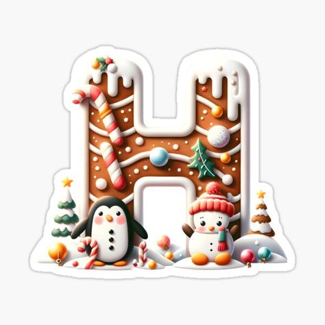 This image depicts a winter-themed letter "H" adorned with snowmen, a penguin, and Christmas ornaments, ideal for seasonal educational content and festive decorations. Xmas Stickers, Christmas Letters, Xmas Sticker, Christmas Alphabet, Christmas Letter, Educational Content, Christmas Fonts, Alphabet Stickers, Letter H