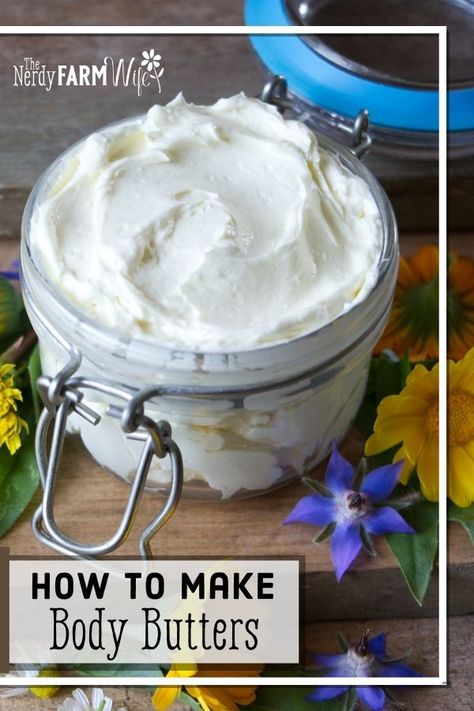 Learn how to make homemade whipped body butter! Includes the basics of making a simple body butter formula, expected shelf life and storage tips, some carrier oil and essential oil options, plus troubleshooting tips if your body butter turns out too greasy, grainy, soft, or hard. Plus a free bonus printable ebook: All Natural Body Butters! Best Whipped Body Butter, Different Types Of Body Butter, How To Make Scented Body Butter, Body Butter Formulation, Body Butter Display Ideas, Mango Butter Lotion Bars, How To Start A Body Butter Business, How To Make Whipped Body Butter, How To Make Body Butter