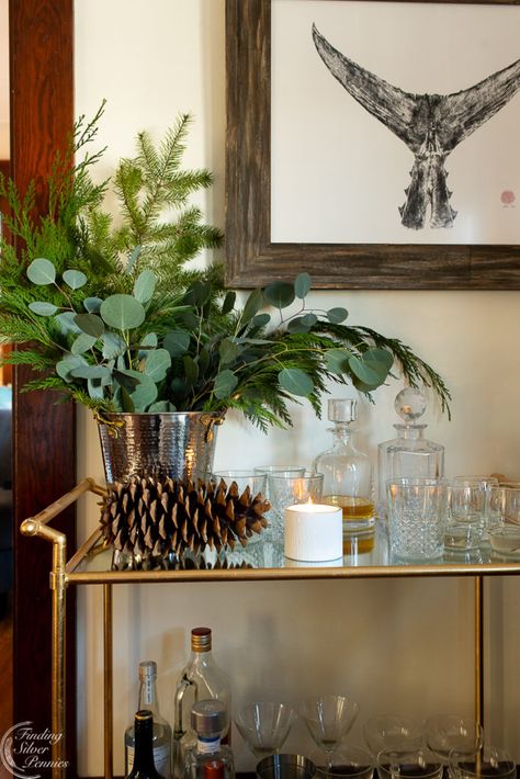 Festive Christmas Bar Cart | Finding Silver Pennies #homedecor #christmasinspiration #newengland #scituate #interiors #christmasideas Holiday Bar Cart Styling, Holiday Bar Cart Christmas, Christmas Bar Decorations, Christmas Bar Cart Styling, Giant Pine Cones, Christmas Bar Cart, Christmas Hosting, Holiday Bar Cart, New England Christmas