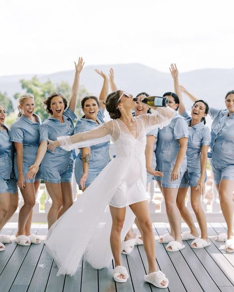 Dusty Blue Bridesmaid Pajamas, Bridal Party Pajama Photos, Bridesmaids Matching Pjs, Getting Ready Wedding Photos Bridesmaids Pajamas, Blue Bridesmaid Pjs, Bridal Party Getting Ready Photos, Bride Getting Ready Photos Bridesmaids, Getting Ready Bridesmaids Outfit, Bridesmaid Pjs Pajama Set