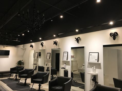 Black Ceiling Hair Salon, Salon With Black Ceiling, Hair Salon Decor Black And White, Black And White Salon Interior, Salons With Black Ceilings, Black Ceiling Salon, Black And Tan Salon Decor, Black And White Nail Salon Decor, Black And White Salon Ideas