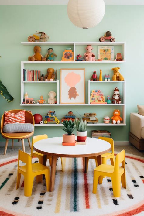 40+ Fun Kids Playroom Ideas Even Adults Love Craft Playroom Combo, Mcm Playroom, Colorful Playroom Ideas, Yellow Playroom, Fun Playroom Ideas, Playroom Essentials, Bright Kids Room, Kids Playroom Ideas, Fun Kids Room