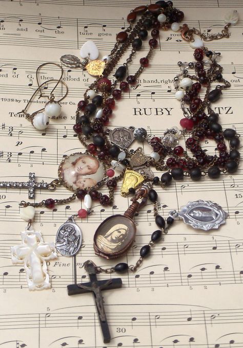 Ruby Don't Take Your Love to Town Antique Rosaries Necklace OOAK Antique Rosaries, Jewelry Mood Board, Yearbook Covers, Rosary Necklace, Unusual Jewelry, Stacked Jewelry, Victorian Jewelry, Rosary, Gods Love