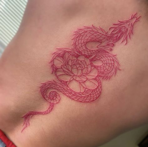 Watercolor Dragon Tattoo, Dragon Tattoo Chest, Dragon Tattoo Back, Spine Tats, Dragon Tattoo Ideas, Red Dragon Tattoo, Dragon Tattoo Art, Henna Inspired Tattoos, Tattoo Minimal