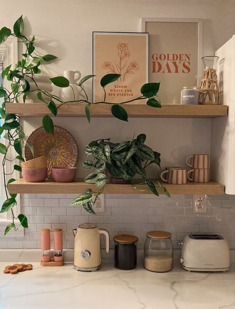 Kitchen Shelf Decor Colorful, Decorating Ideas For The Home Colorful, Small Buffet Decor, Room Inspo Kitchen, Kitchen Apt Decor, Nature Kitchen Decor, Minimalistic Kitchen Decor, Kitchen With Plants Decor, Cute College Kitchen