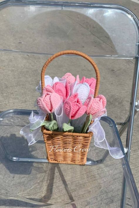 pink flower basket Crochet Tulip Basket, Crochet Flower Basket, Flowers Crochet Pattern, Tulip Basket, Easy Crochet Flower, Crochet Tulip, Basket Tutorial, Fresh Starts, Crochet Flowers Easy