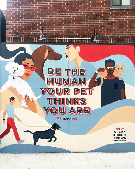 Mural & lettering art designed by @jadepurplebrown for @bondvetclinic. ❤️ Painted by @colossalmedia The mural says: Be the human your pet thinks you are #TheBondMural #JadePurpleBrown #goodtype #strengthinletters #artistsmeanbiz #typography #typeyeah #typegang #muralart #muraldesign #murals #handlettering #letteringart Vet Mural, Pet Mural, Vet Decor, Dog Mural, Dog Boarding Ideas, Instagram Mural, Pet Center, Pet Store Ideas, Hand Lettering Typography