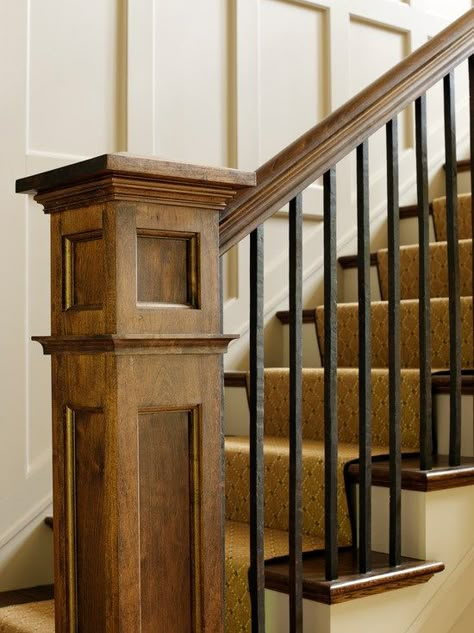 Metal spindles--simple, straight, but not too contemporary More Craftsman Newel Post, Box Newel Post, Newel Posts For Stairs, Stairs Metal, Stair Railing Makeover, Rustic Staircase, Metal Spindles, Painted Staircases, Iron Stair Railing