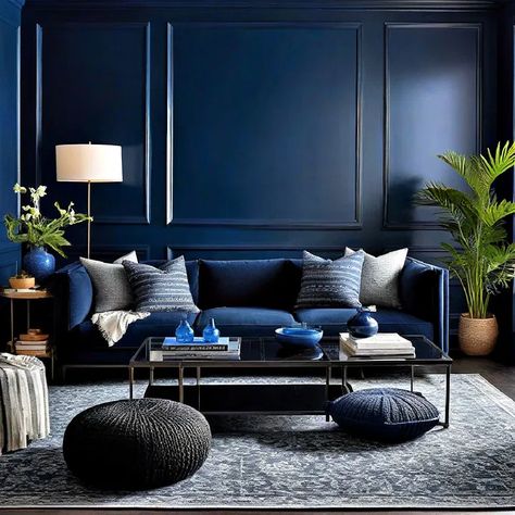 30 Dark Living Room Ideas for A Dramatic Moody Dark Blue Living Room, Dark Blue Movie Room, Dark Blue Cinema Room, Dark Blue Gothic Living Room, Dark Blue Lounge, Blue Coastal Living Room, Dark Blue Wallpaper Lounge, Artdeco Interiors, Ldark Blue Luxury Wallpaper