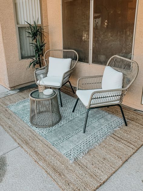 Boho Outdoor Chair, 3 Piece Outdoor Setting Patio, Porch Bistro Set Decor, Modern Boho Balcony, Patio Plant Shelf, Outdoor Rug Balcony, Modern Bistro Set, Small Patio Rugs Outdoor Ideas, Fall Decor For Small Front Porch Cozy